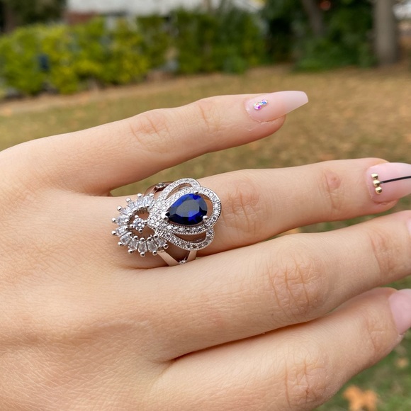 925 silver Luxury Water Drop Blue Sapphire Ring - Picture 6 of 11